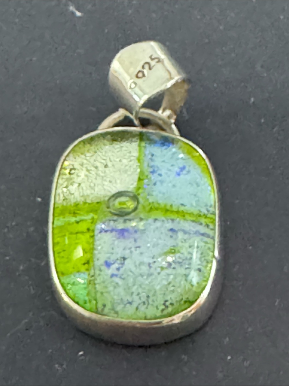 Vintage Sterling Silver 925 Pendant Green Blue Glass Art Deco Style